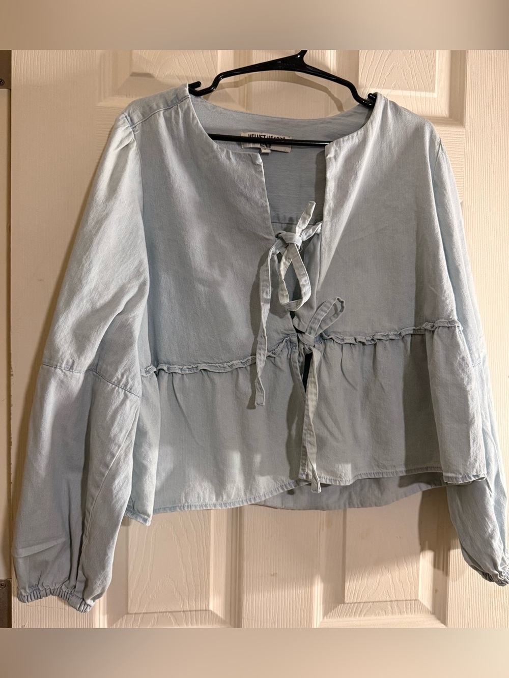 Velvet Heart Denim Blue Triple Bow Peplum Top Ruffle Seam Balloon Sleeves M